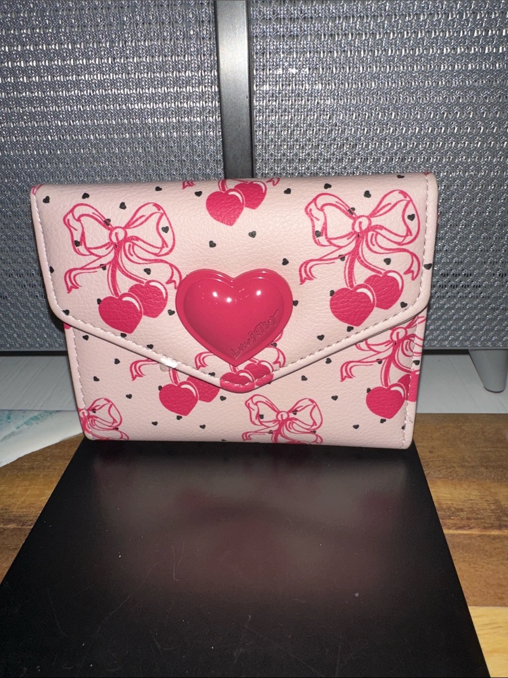 Betsey Johnson Pink Wallet with Red Heart Snap and Bow Print